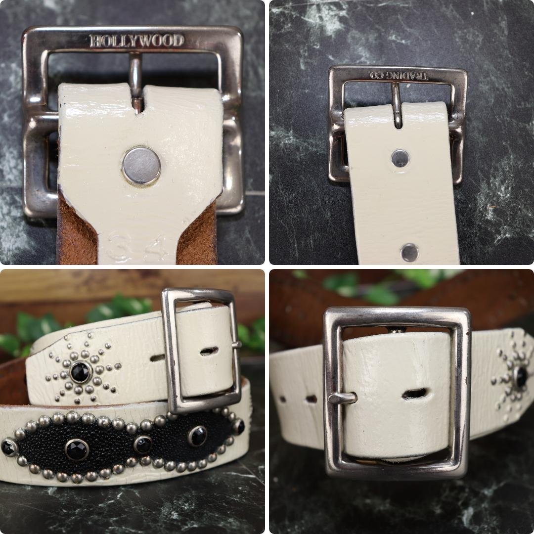 HTC ピーナッツスタッズベルト ホワイト×ブラック 34インチ 本革×エイ