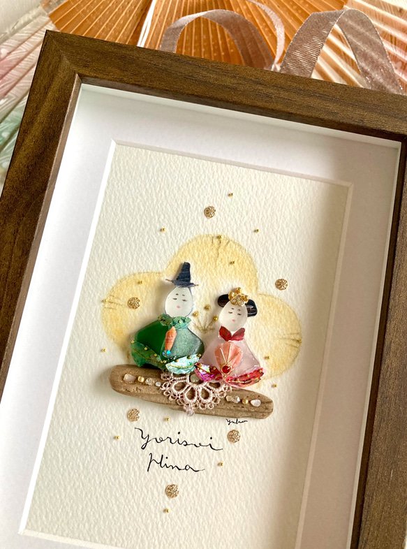 寄り添い雛 シーグラス／天然石／フレームアート／壁掛け／原画