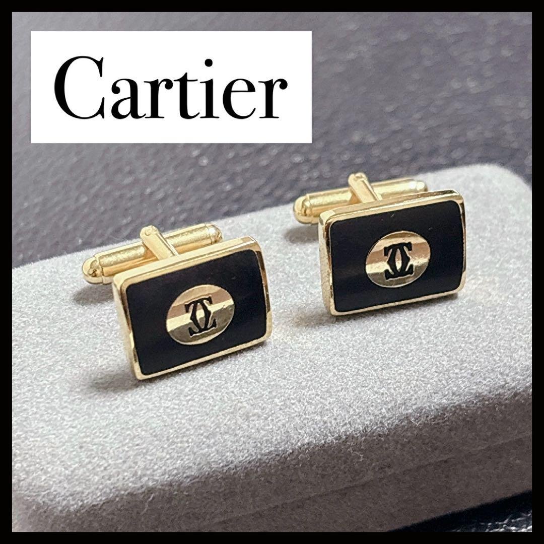 カルティエ カフス ネクタイブラック ゴールド ロゴ カフリンクス 美品 Cartier - 【本物保証】 箱付 カルティエ CARTIER ロゴ カフス