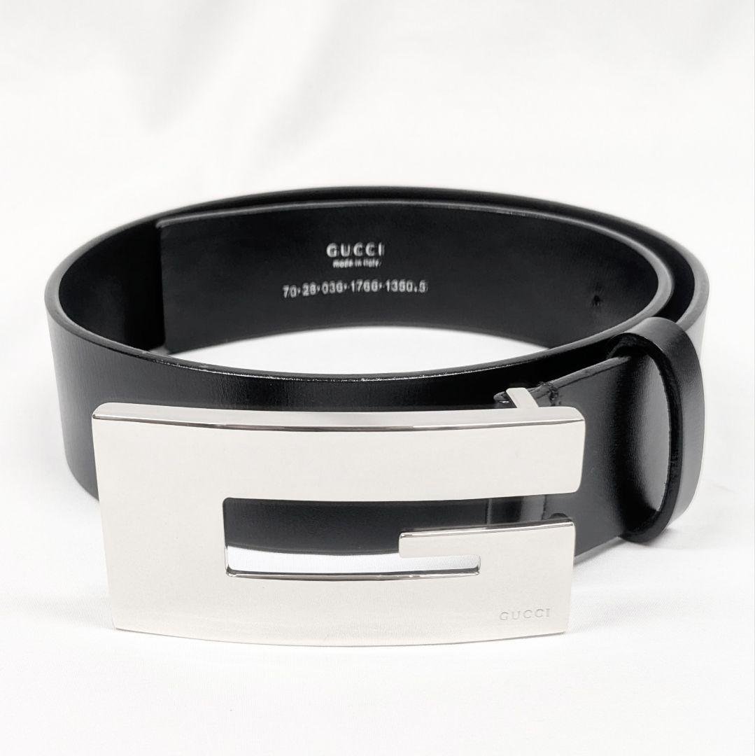 GUCCI グッチ レザー Gロゴ シルバーベルト レディース ブラック GUCCI（グッチ） 31932 Gロゴバックル レザー ベルト 75・30 シルバー